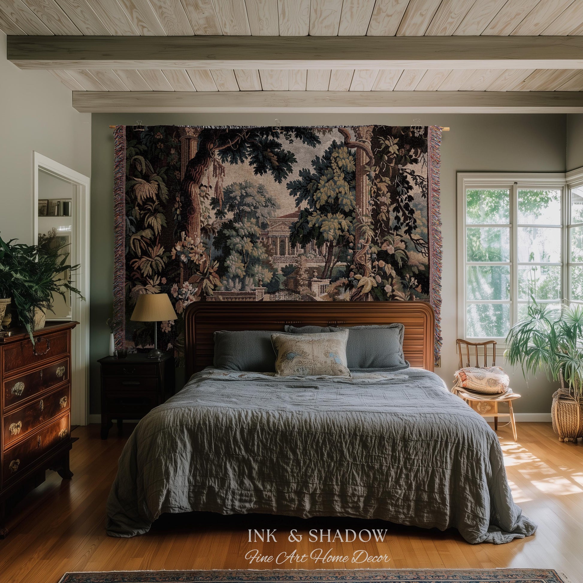 Neoclassical Estate Old World Tapestry | European Garden Formal Wall Art Lush Manor Woven Throw Blanket Italian Landscape Verdure Scenery