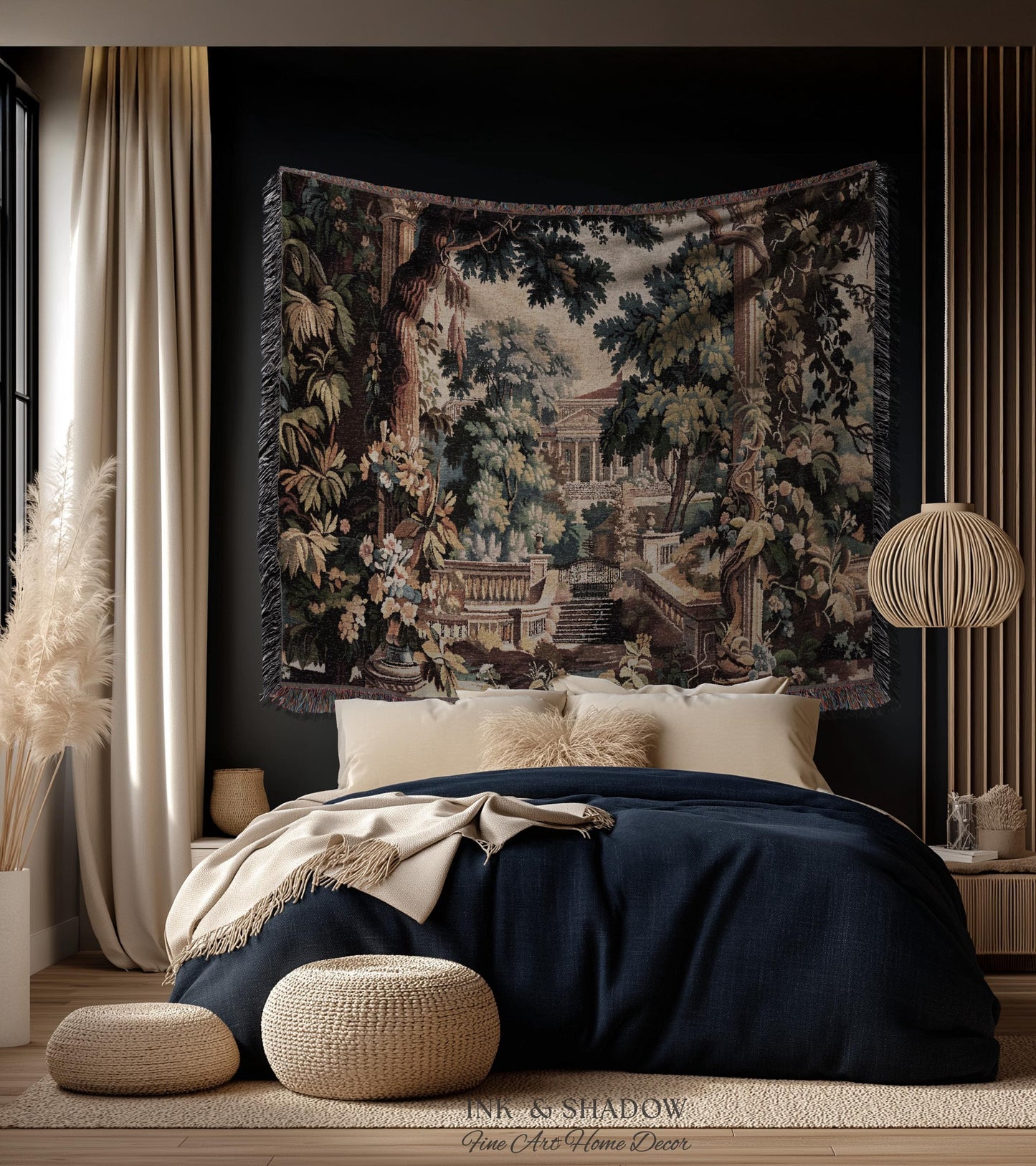 Neoclassical Estate Old World Tapestry | European Garden Formal Wall Art Lush Manor Woven Throw Blanket Italian Landscape Verdure Scenery