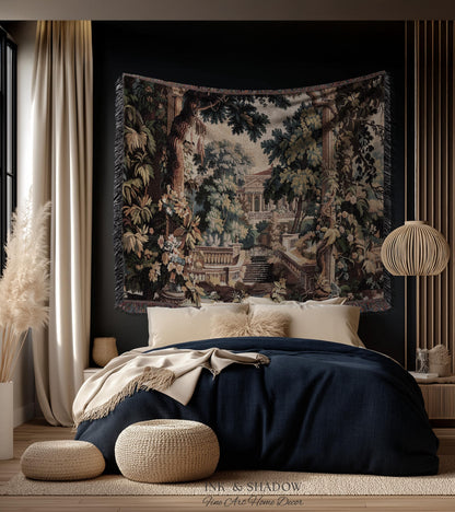 Neoclassical Estate Old World Tapestry | European Garden Formal Wall Art Lush Manor Woven Throw Blanket Italian Landscape Verdure Scenery