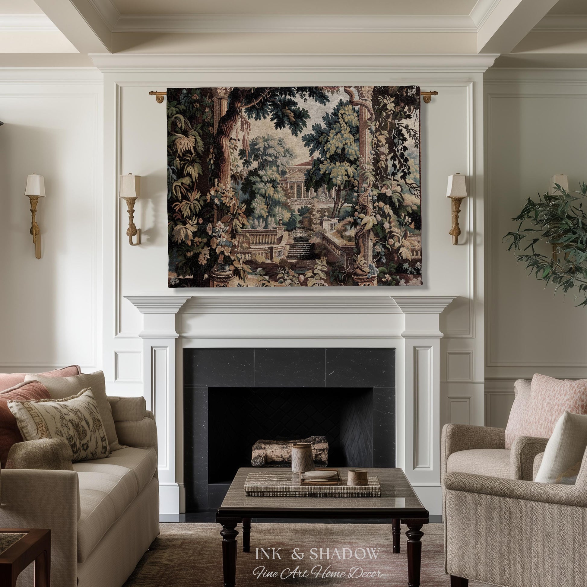 Neoclassical Estate Old World Tapestry | European Garden Formal Wall Art Lush Manor Woven Throw Blanket Italian Landscape Verdure Scenery
