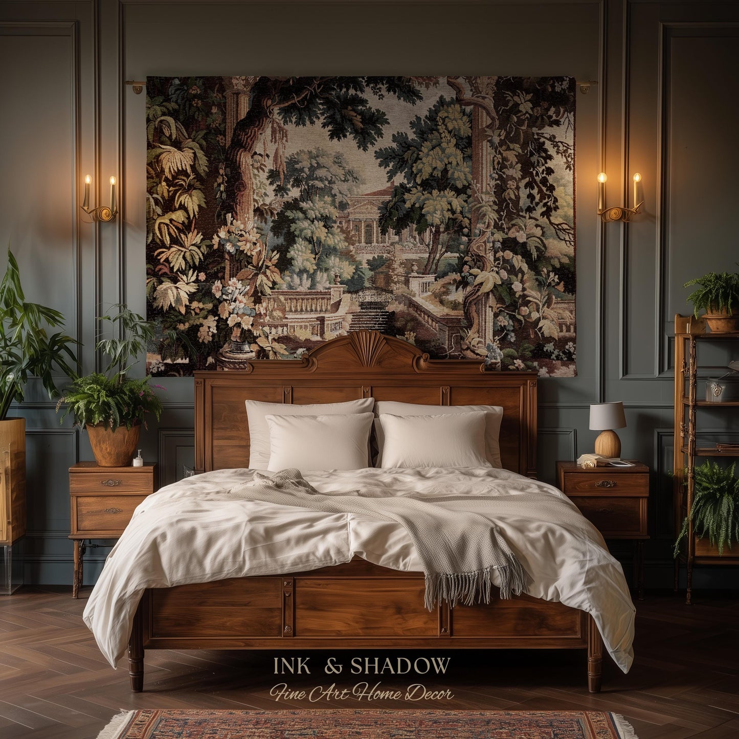 Neoclassical Estate Old World Tapestry | European Garden Formal Wall Art Lush Manor Woven Throw Blanket Italian Landscape Verdure Scenery
