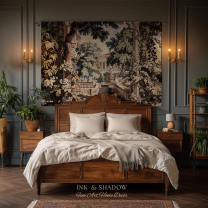 Neoclassical Estate Old World Tapestry | European Garden Formal Wall Art Lush Manor Woven Throw Blanket Italian Landscape Verdure Scenery