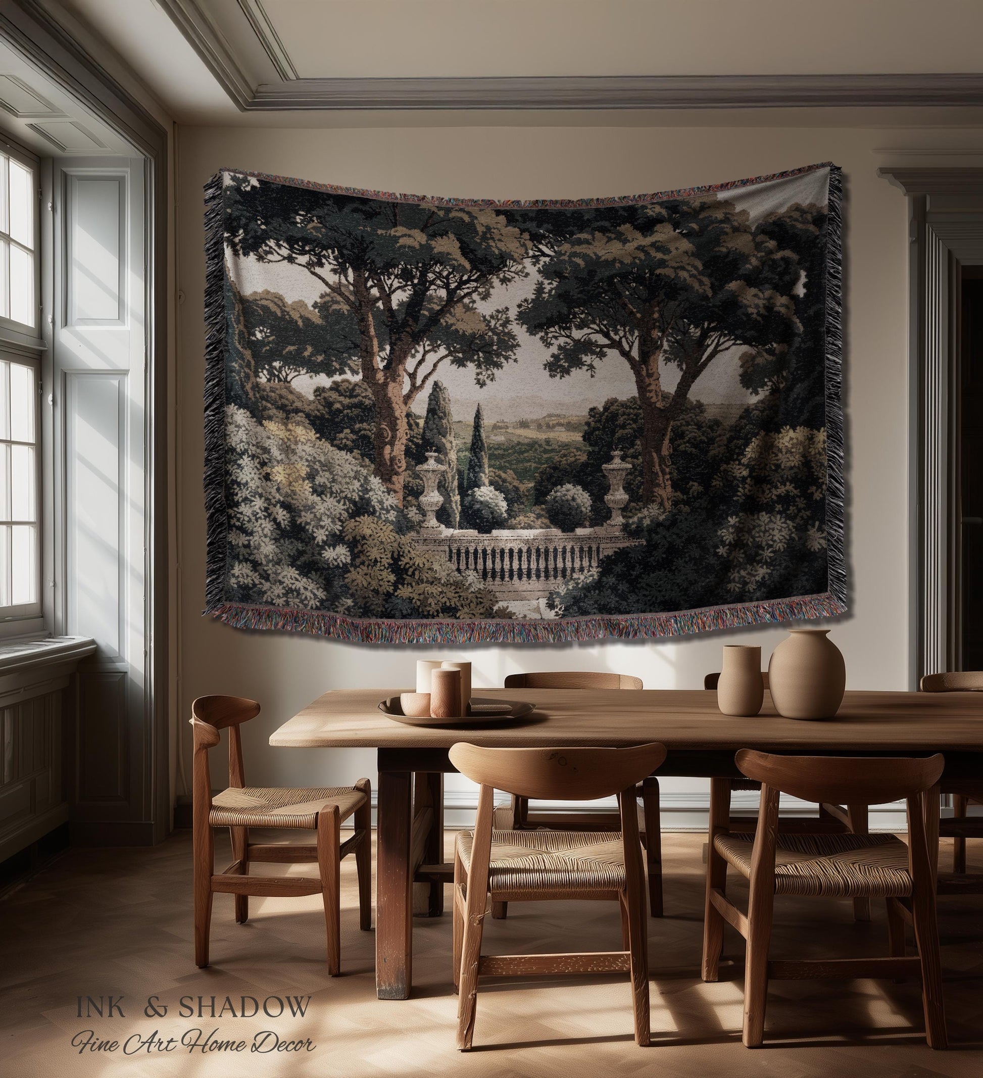 Tuscan Terrace Formal Wall Tapestry | Traditional Scenic Textile European Wall Art Neoclassical Verdure Woven Throw Blanket Classic Jacquard