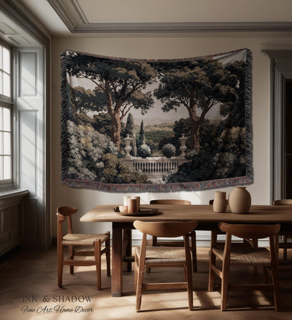 Tuscan Terrace Formal Wall Tapestry | Traditional Scenic Textile European Wall Art Neoclassical Verdure Woven Throw Blanket Classic Jacquard