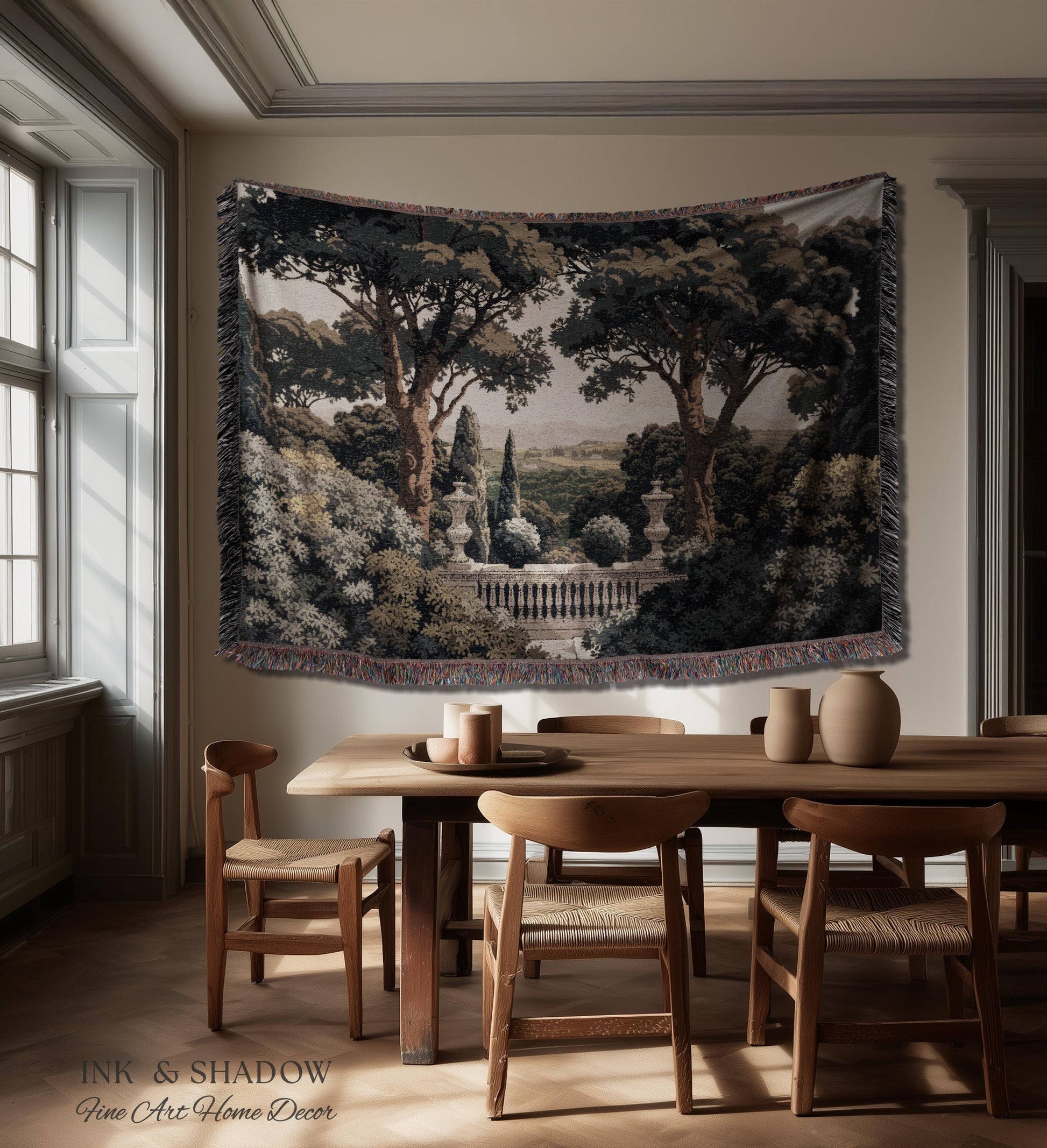 Tuscan Terrace Formal Wall Tapestry | Traditional Scenic Textile European Wall Art Neoclassical Verdure Woven Throw Blanket Classic Jacquard