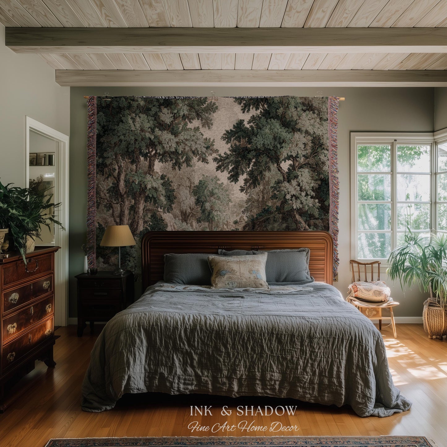Tonalist Landscape Romantic Verdure Tapestry | Old World Woodland Landscape Muted Greenery European Jacquard Throw Blanket Traditional Art