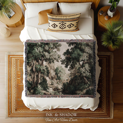 Tonalist Landscape Romantic Verdure Tapestry | Old World Woodland Landscape Muted Greenery European Jacquard Throw Blanket Traditional Art