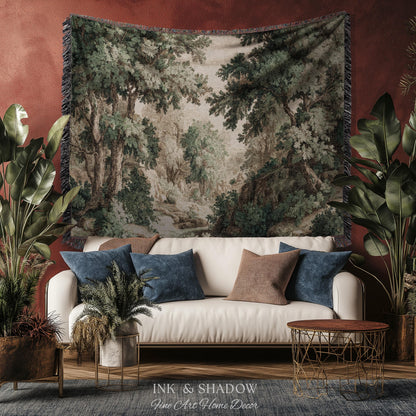 Tonalist Landscape Romantic Verdure Tapestry | Old World Woodland Landscape Muted Greenery European Jacquard Throw Blanket Traditional Art