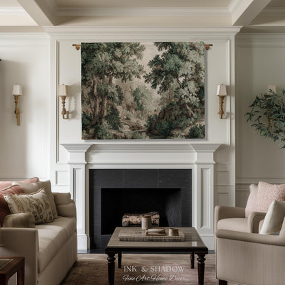 Tonalist Landscape Romantic Verdure Tapestry | Old World Woodland Landscape Muted Greenery European Jacquard Throw Blanket Traditional Art