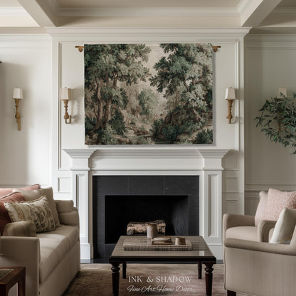 Tonalist Landscape Romantic Verdure Tapestry | Old World Woodland Landscape Muted Greenery European Jacquard Throw Blanket Traditional Art