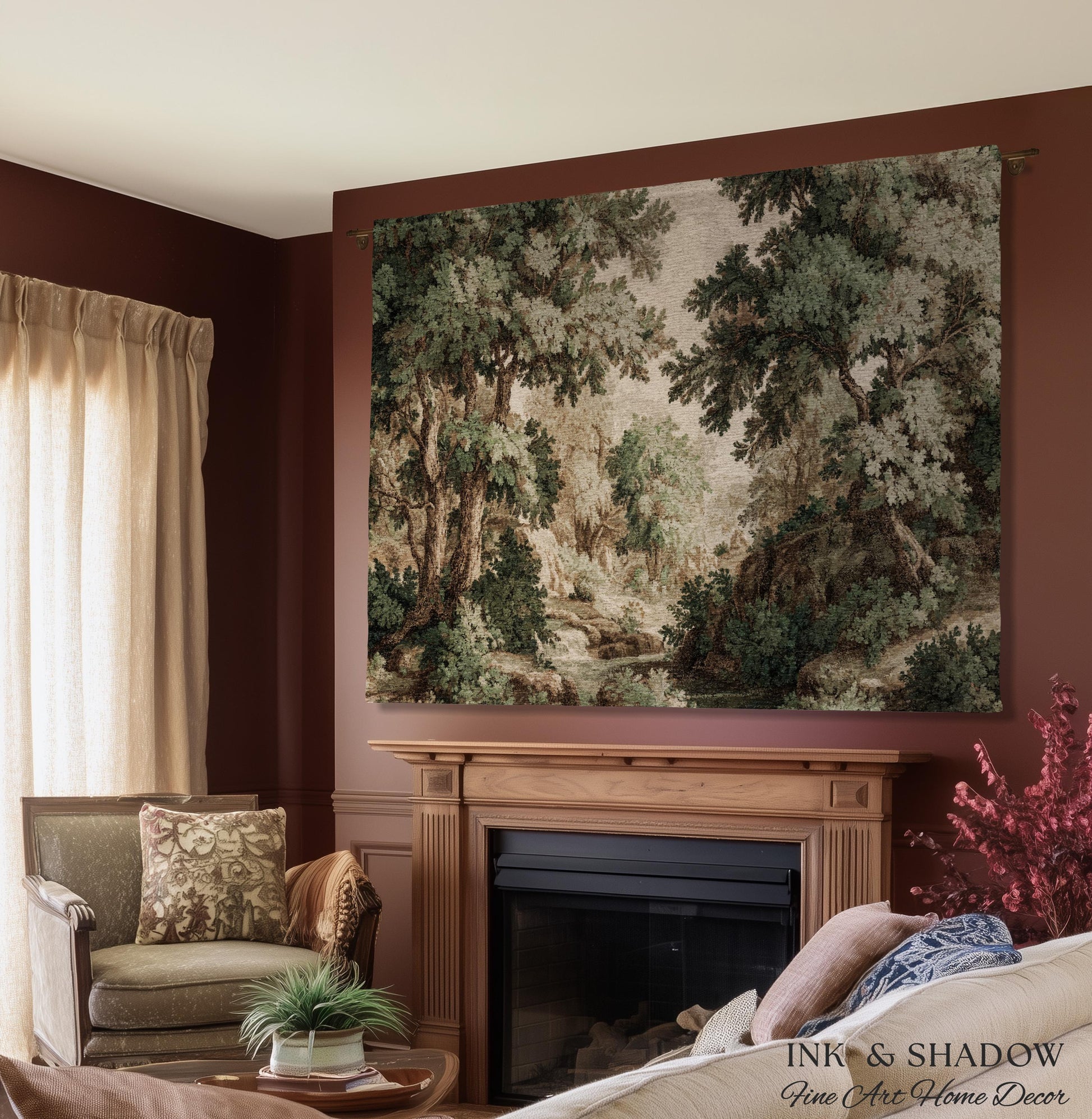 Tonalist Landscape Romantic Verdure Tapestry | Old World Woodland Landscape Muted Greenery European Jacquard Throw Blanket Traditional Art