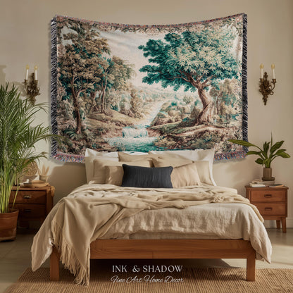 Scenic Countryside Woodland Wall Art River Tapestry | European Landscape Vintage Forest Woven Throw French Verdure Tranquil Nature Decor