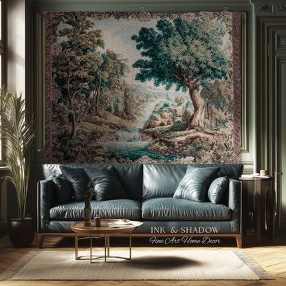 Scenic Countryside Woodland Wall Art River Tapestry | European Landscape Vintage Forest Woven Throw French Verdure Tranquil Nature Decor