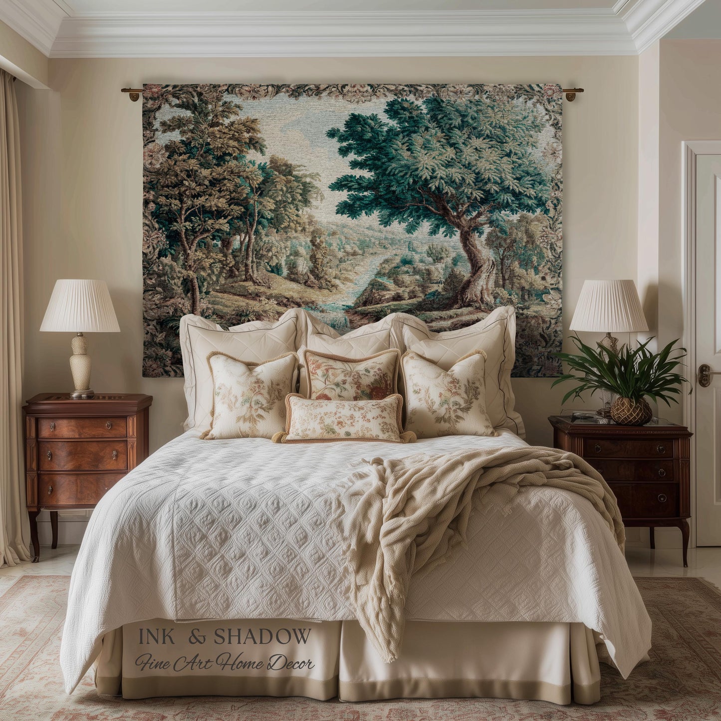 Scenic Countryside Woodland Wall Art River Tapestry | European Landscape Vintage Forest Woven Throw French Verdure Tranquil Nature Decor