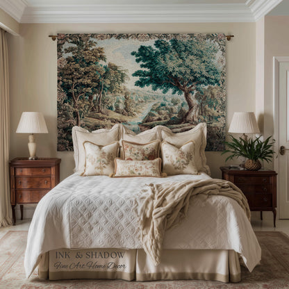 Scenic Countryside Woodland Wall Art River Tapestry | European Landscape Vintage Forest Woven Throw French Verdure Tranquil Nature Decor