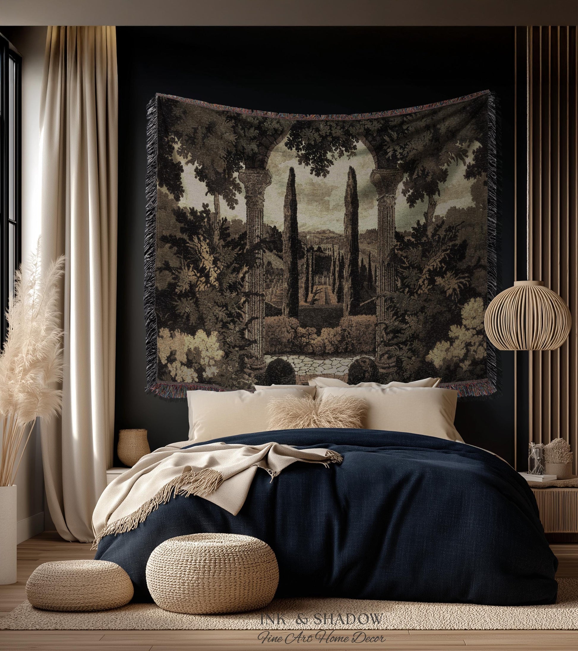 Italian Garden Scene Villa Landscape Woven Throw, Tuscan Archway Wall Art Jacquard Tapestry Blanket Serene Countryside Mediterranean Decor