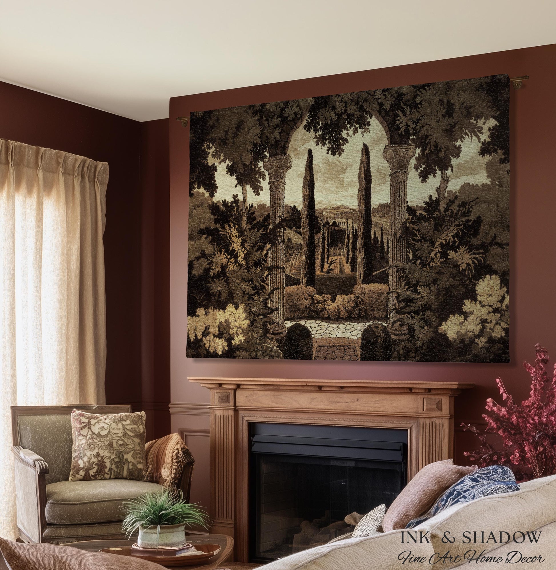 Italian Garden Scene Villa Landscape Woven Throw, Tuscan Archway Wall Art Jacquard Tapestry Blanket Serene Countryside Mediterranean Decor
