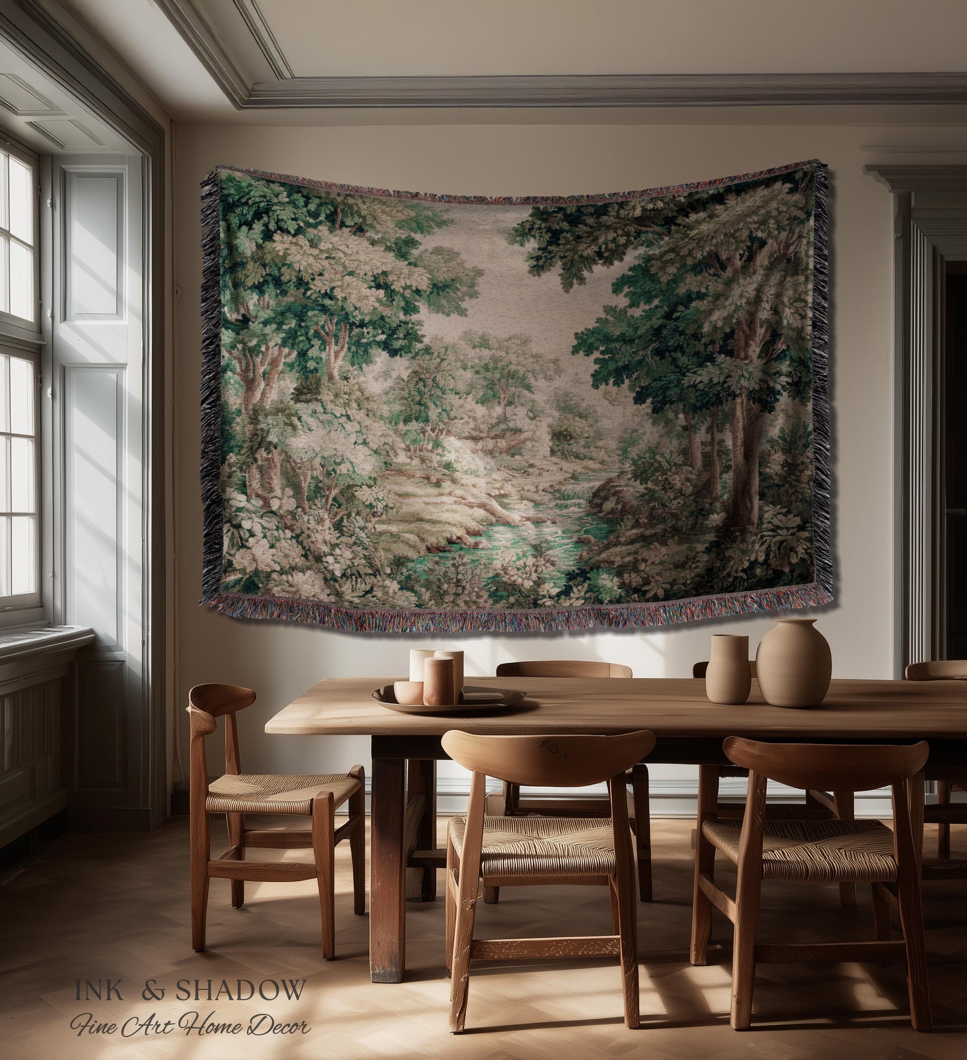 Romantic Woodland Creek Jacquard Wall Art | European Tapestry Serene Forest Landscape Timeless Pastoral Scene Soft Earthy Countryside
