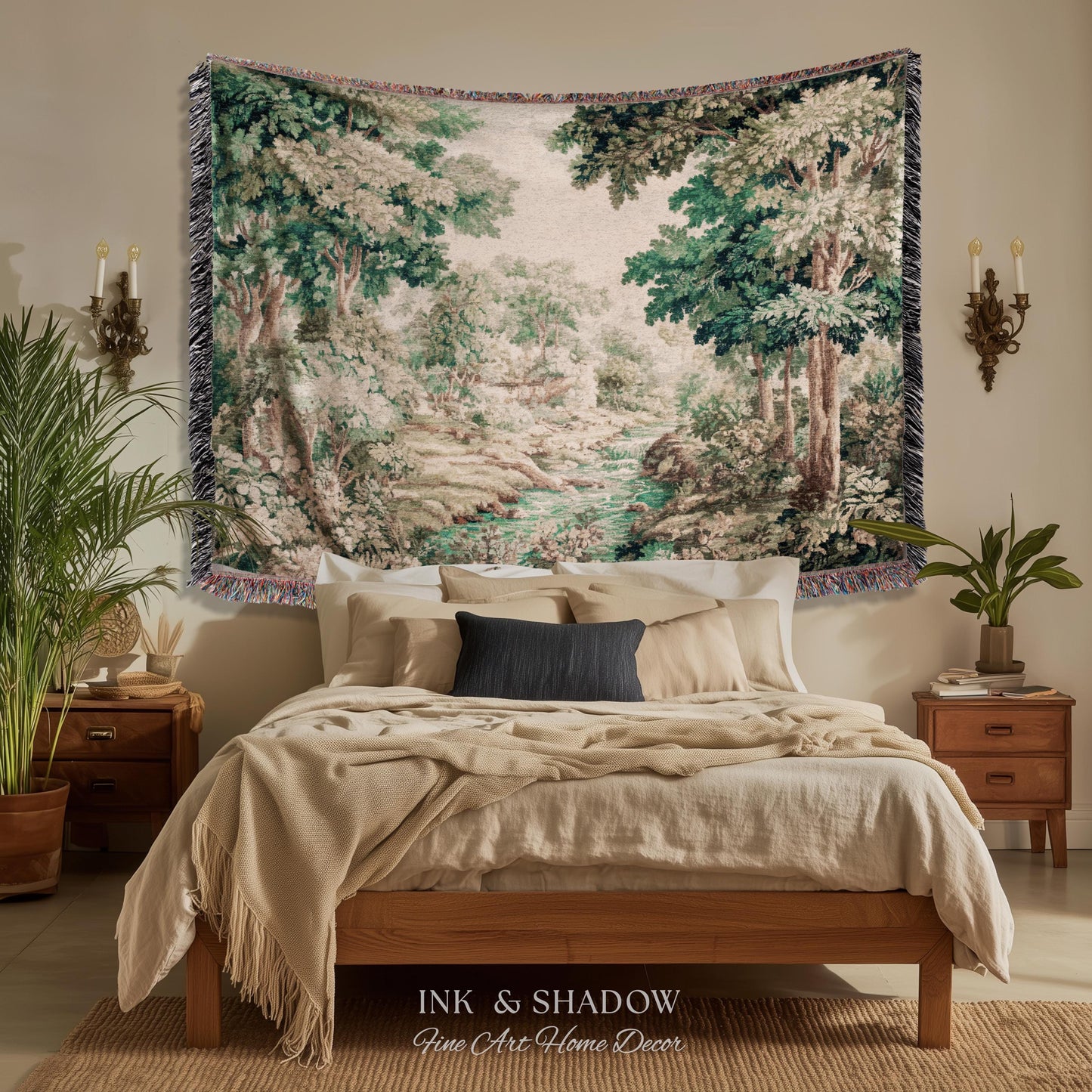 Romantic Woodland Creek Jacquard Wall Art | European Tapestry Serene Forest Landscape Timeless Pastoral Scene Soft Earthy Countryside