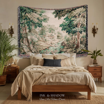 Romantic Woodland Creek Jacquard Wall Art | European Tapestry Serene Forest Landscape Timeless Pastoral Scene Soft Earthy Countryside