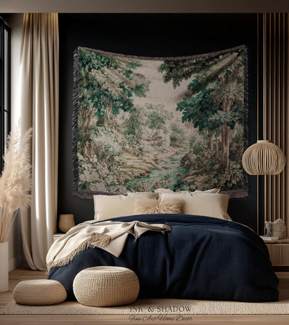 Romantic Woodland Creek Jacquard Wall Art | European Tapestry Serene Forest Landscape Timeless Pastoral Scene Soft Earthy Countryside