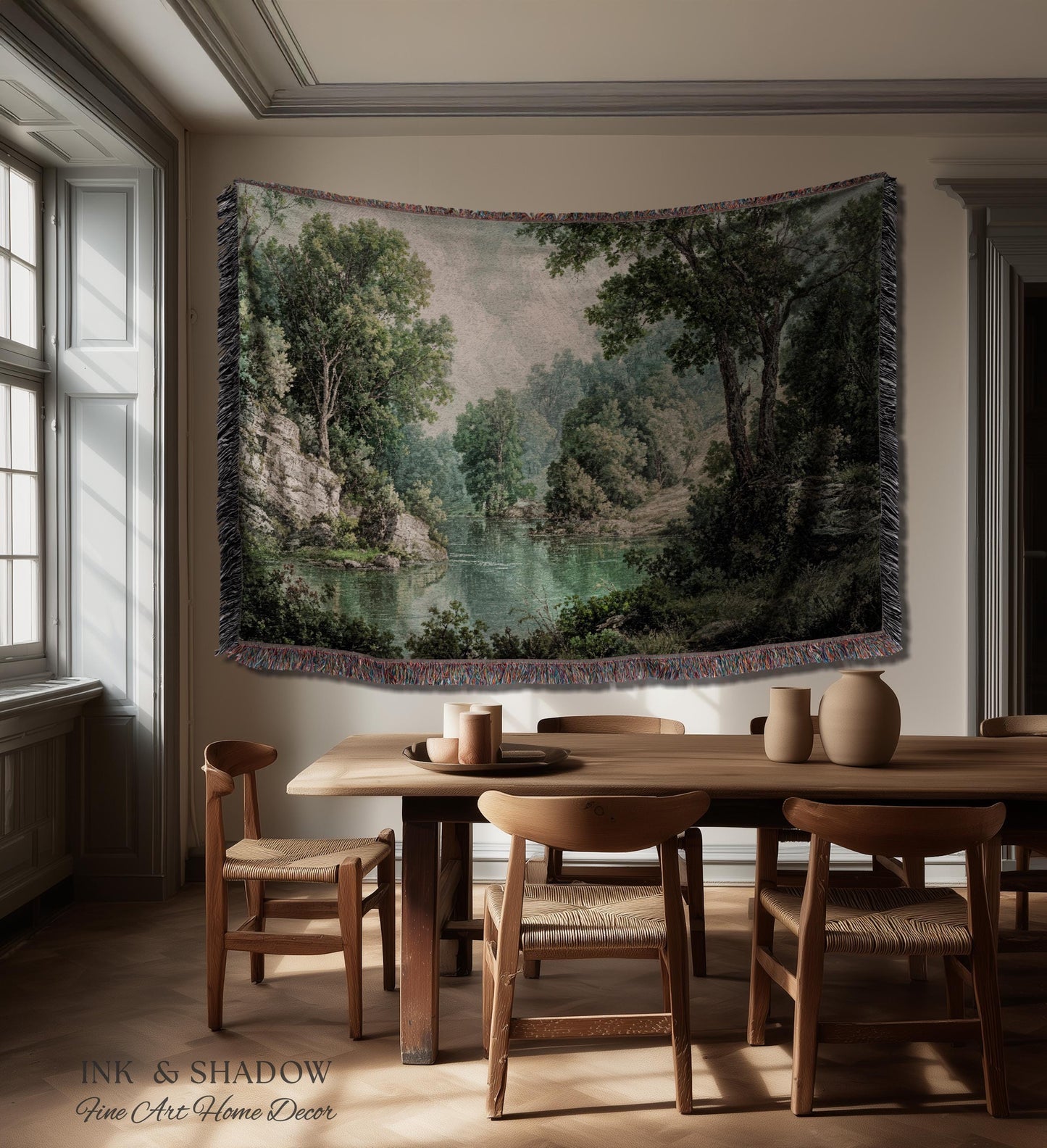 Lakeside Forest Lush Greenery Tapestry | Rustic Jacquard Botanical Woodland Verdure Woven Throw Blanket Romantic Verdant European Landscape