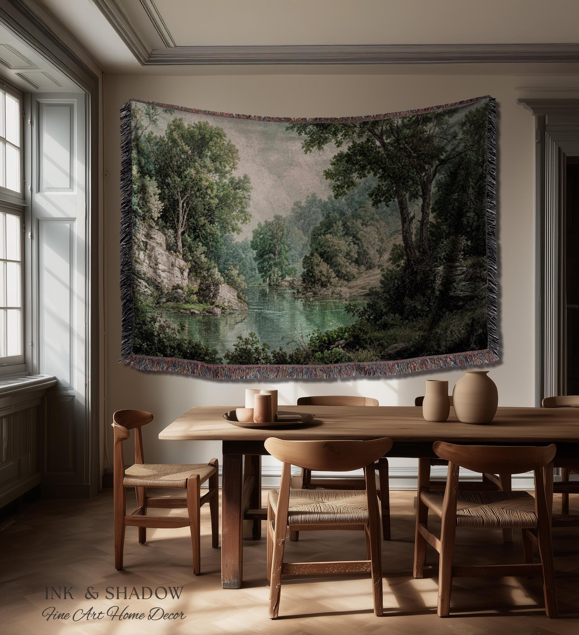 Lakeside Forest Lush Greenery Tapestry | Rustic Jacquard Botanical Woodland Verdure Woven Throw Blanket Romantic Verdant European Landscape
