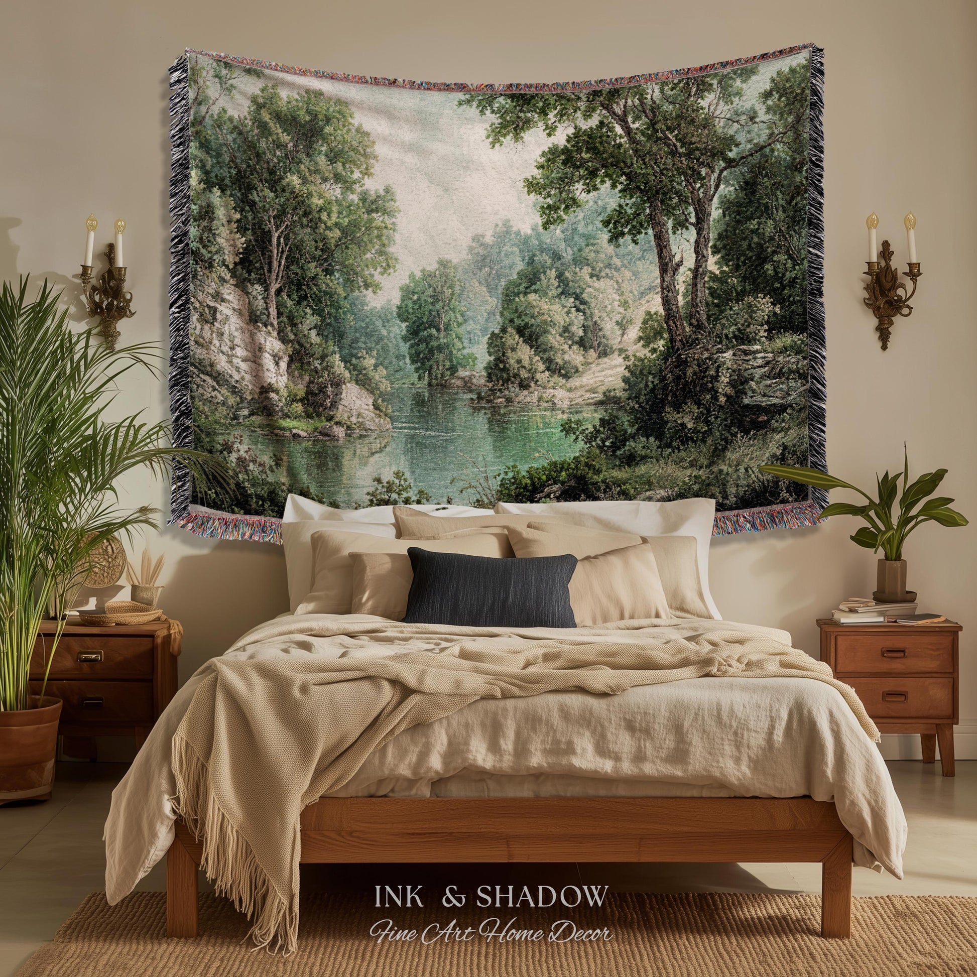Lakeside Forest Lush Greenery Tapestry | Rustic Jacquard Botanical Woodland Verdure Woven Throw Blanket Romantic Verdant European Landscape