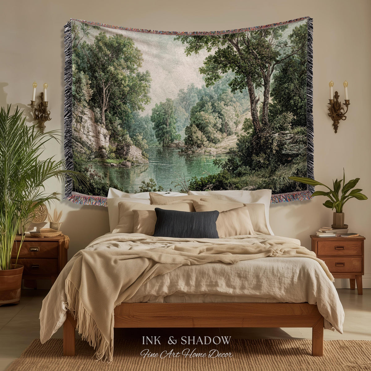 Lakeside Forest Lush Greenery Tapestry | Rustic Jacquard Botanical Woodland Verdure Woven Throw Blanket Romantic Verdant European Landscape