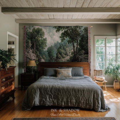 Lakeside Forest Lush Greenery Tapestry | Rustic Jacquard Botanical Woodland Verdure Woven Throw Blanket Romantic Verdant European Landscape