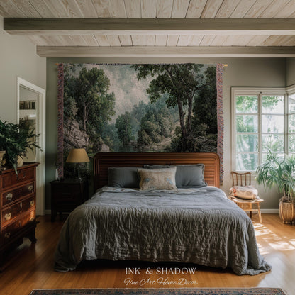 Lakeside Forest Lush Greenery Tapestry | Rustic Jacquard Botanical Woodland Verdure Woven Throw Blanket Romantic Verdant European Landscape