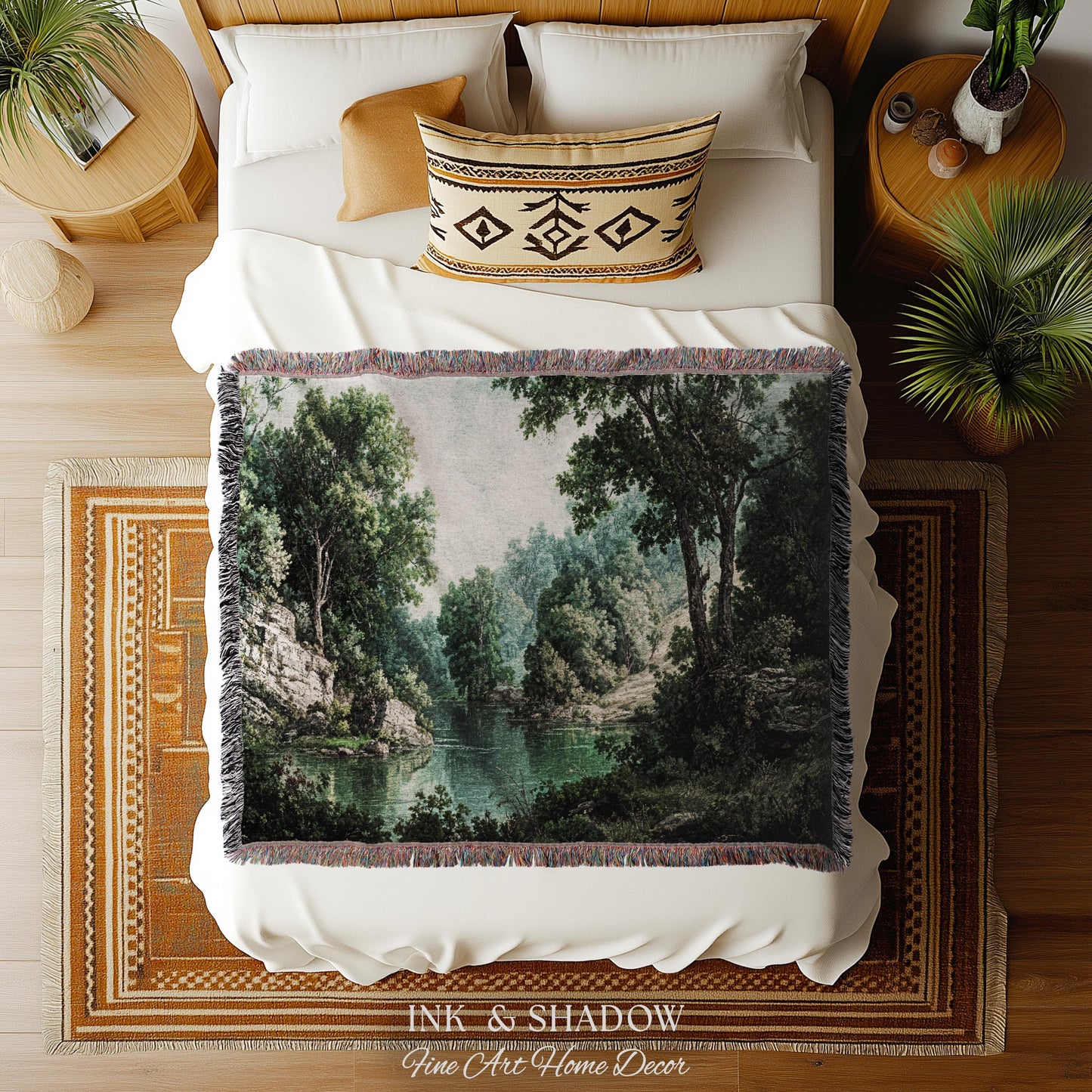 Lakeside Forest Lush Greenery Tapestry | Rustic Jacquard Botanical Woodland Verdure Woven Throw Blanket Romantic Verdant European Landscape
