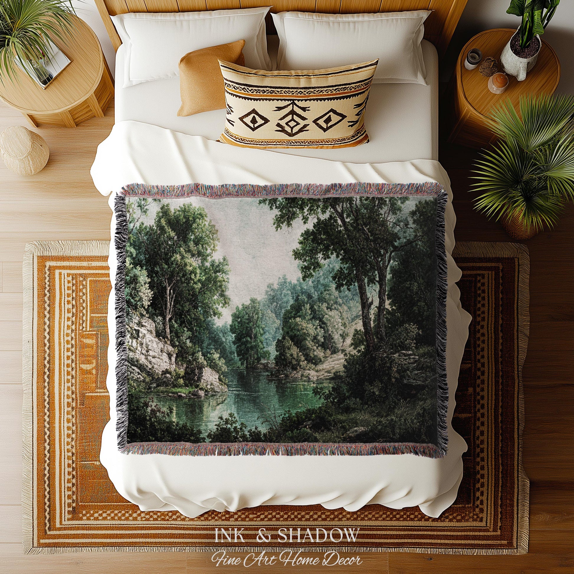 Lakeside Forest Lush Greenery Tapestry | Rustic Jacquard Botanical Woodland Verdure Woven Throw Blanket Romantic Verdant European Landscape