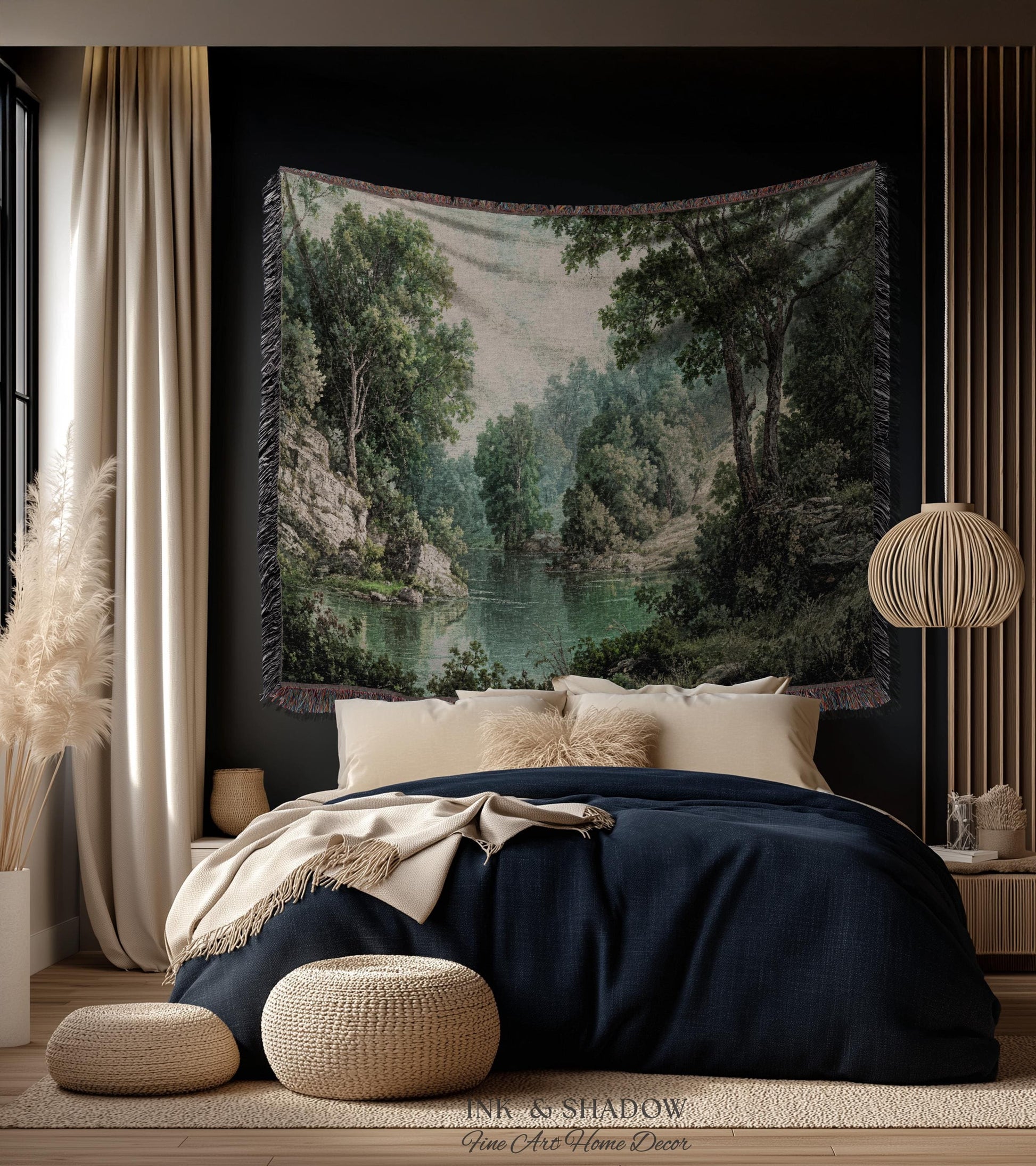 Lakeside Forest Lush Greenery Tapestry | Rustic Jacquard Botanical Woodland Verdure Woven Throw Blanket Romantic Verdant European Landscape