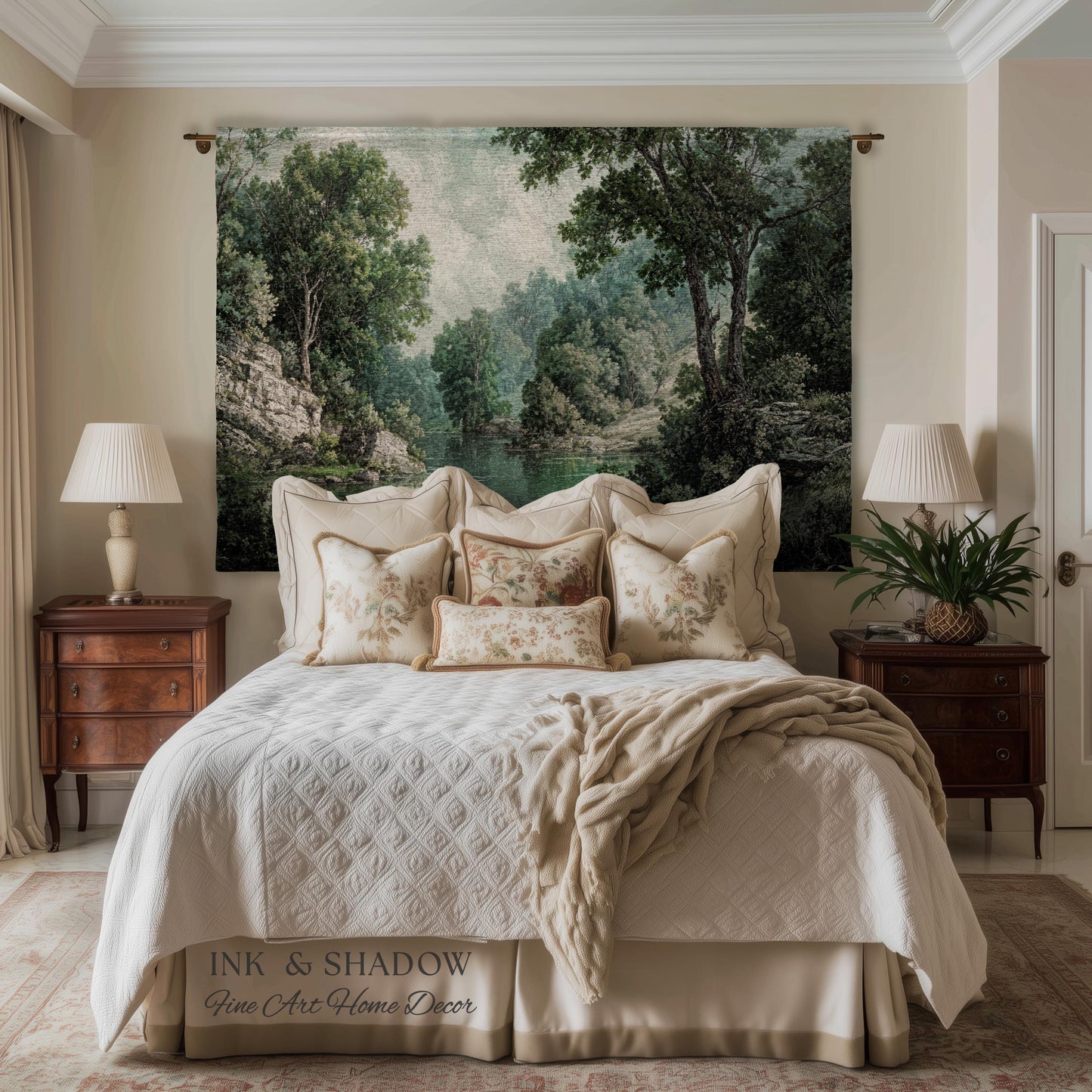 Lakeside Forest Lush Greenery Tapestry | Rustic Jacquard Botanical Woodland Verdure Woven Throw Blanket Romantic Verdant European Landscape