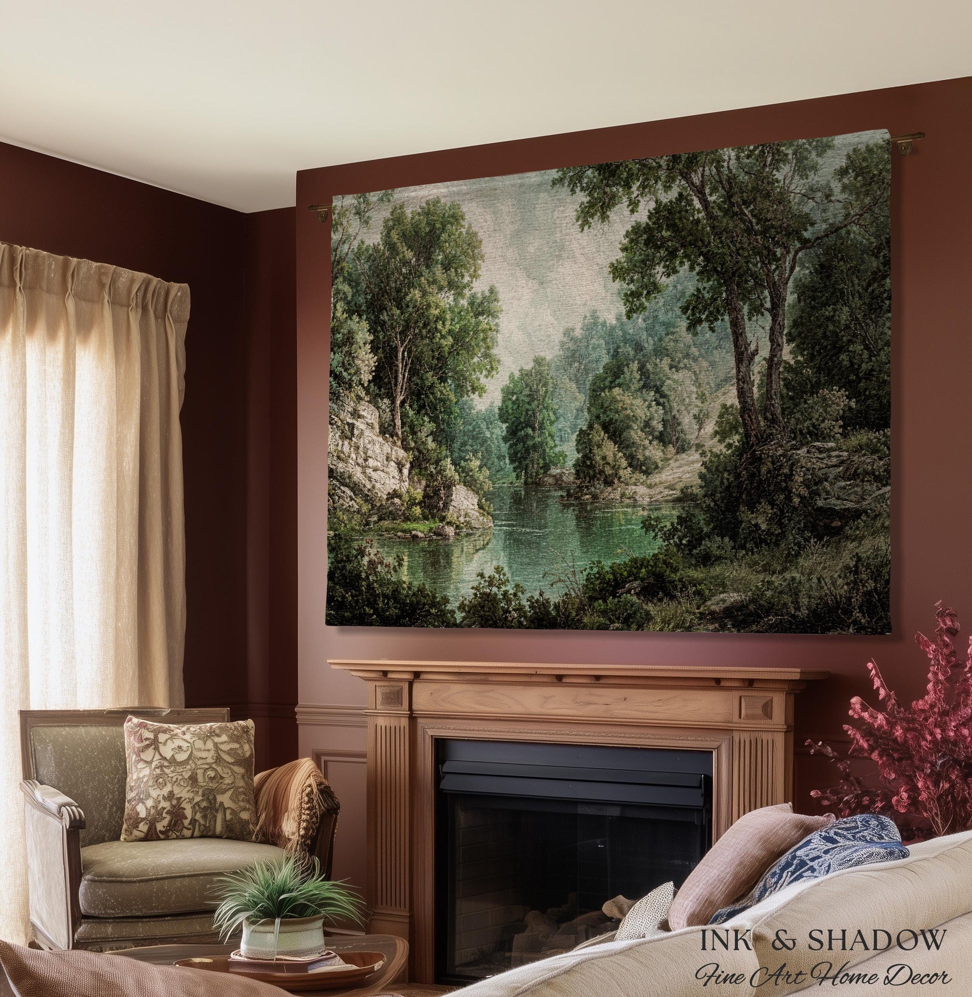 Lakeside Forest Lush Greenery Tapestry | Rustic Jacquard Botanical Woodland Verdure Woven Throw Blanket Romantic Verdant European Landscape