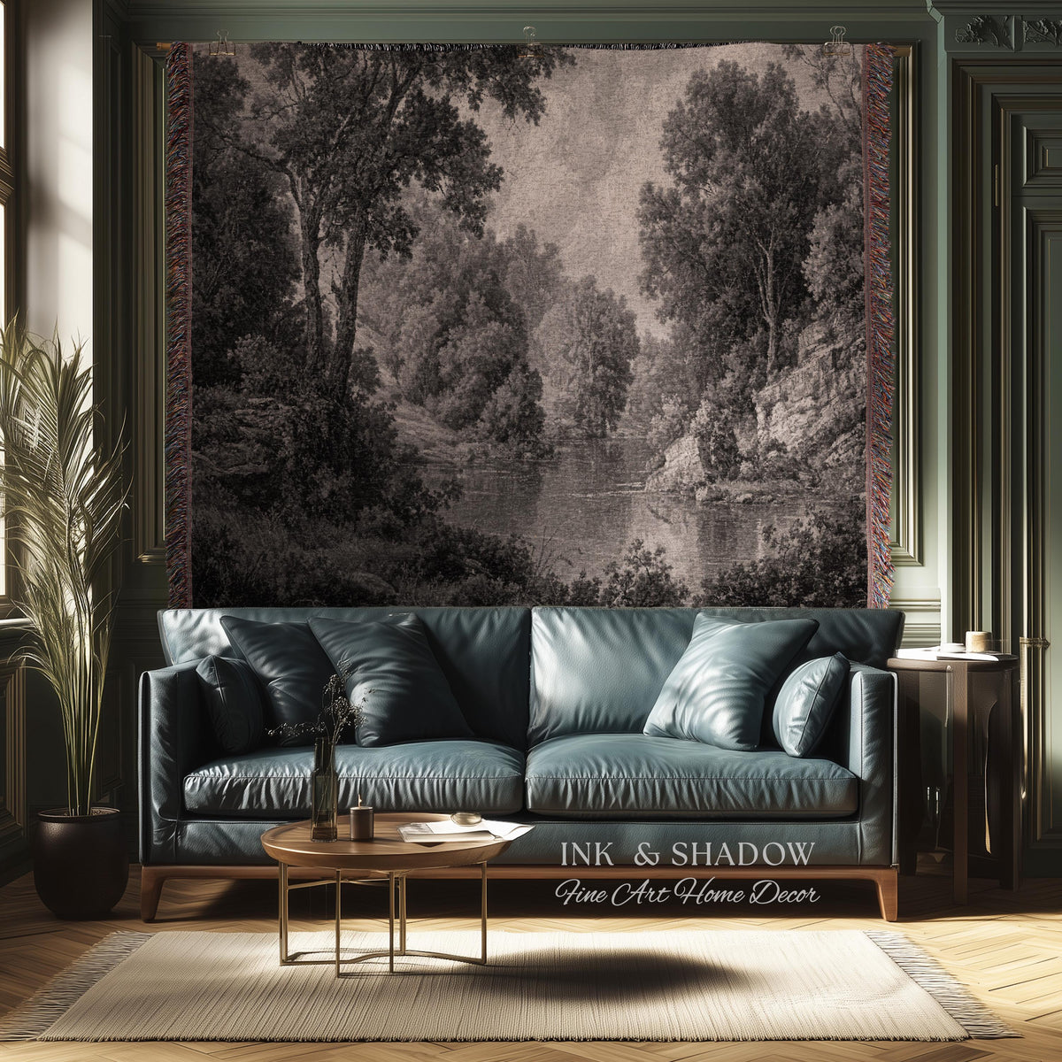 Monochromatic Mountain Lake Landscape Tapestry Wall Art | Neutral Tonal Old World Woodland Valley Waterway Woven Textile Traditional Decor