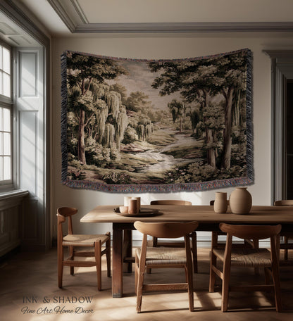 French Landscape River Scene Willow Tree Enchanted Forest Verdure Tapestry, Pastoral Wall Decor Aubusson Style Woven Throw Tranquil Home Art