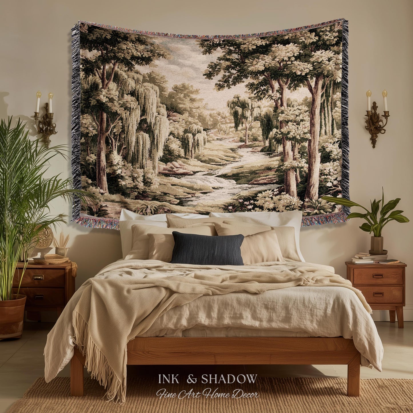 French Landscape River Scene Willow Tree Enchanted Forest Verdure Tapestry, Pastoral Wall Decor Aubusson Style Woven Throw Tranquil Home Art