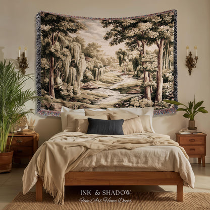 French Landscape River Scene Willow Tree Enchanted Forest Verdure Tapestry, Pastoral Wall Decor Aubusson Style Woven Throw Tranquil Home Art