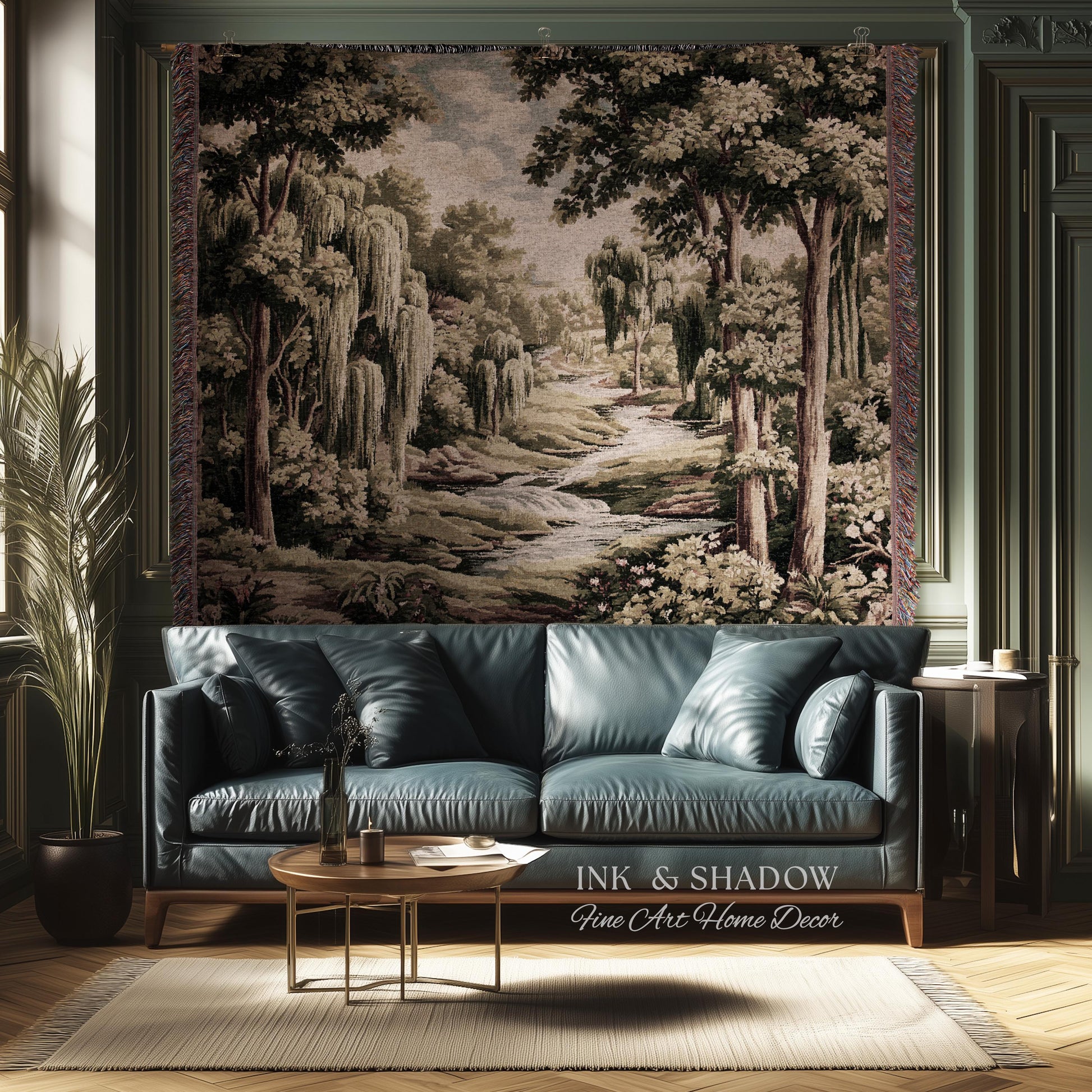 French Landscape River Scene Willow Tree Enchanted Forest Verdure Tapestry, Pastoral Wall Decor Aubusson Style Woven Throw Tranquil Home Art