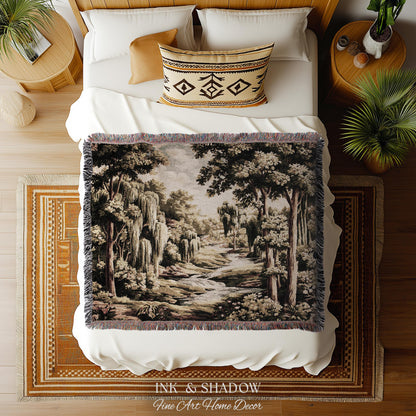 French Landscape River Scene Willow Tree Enchanted Forest Verdure Tapestry, Pastoral Wall Decor Aubusson Style Woven Throw Tranquil Home Art