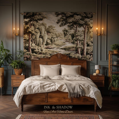 French Landscape River Scene Willow Tree Enchanted Forest Verdure Tapestry, Pastoral Wall Decor Aubusson Style Woven Throw Tranquil Home Art
