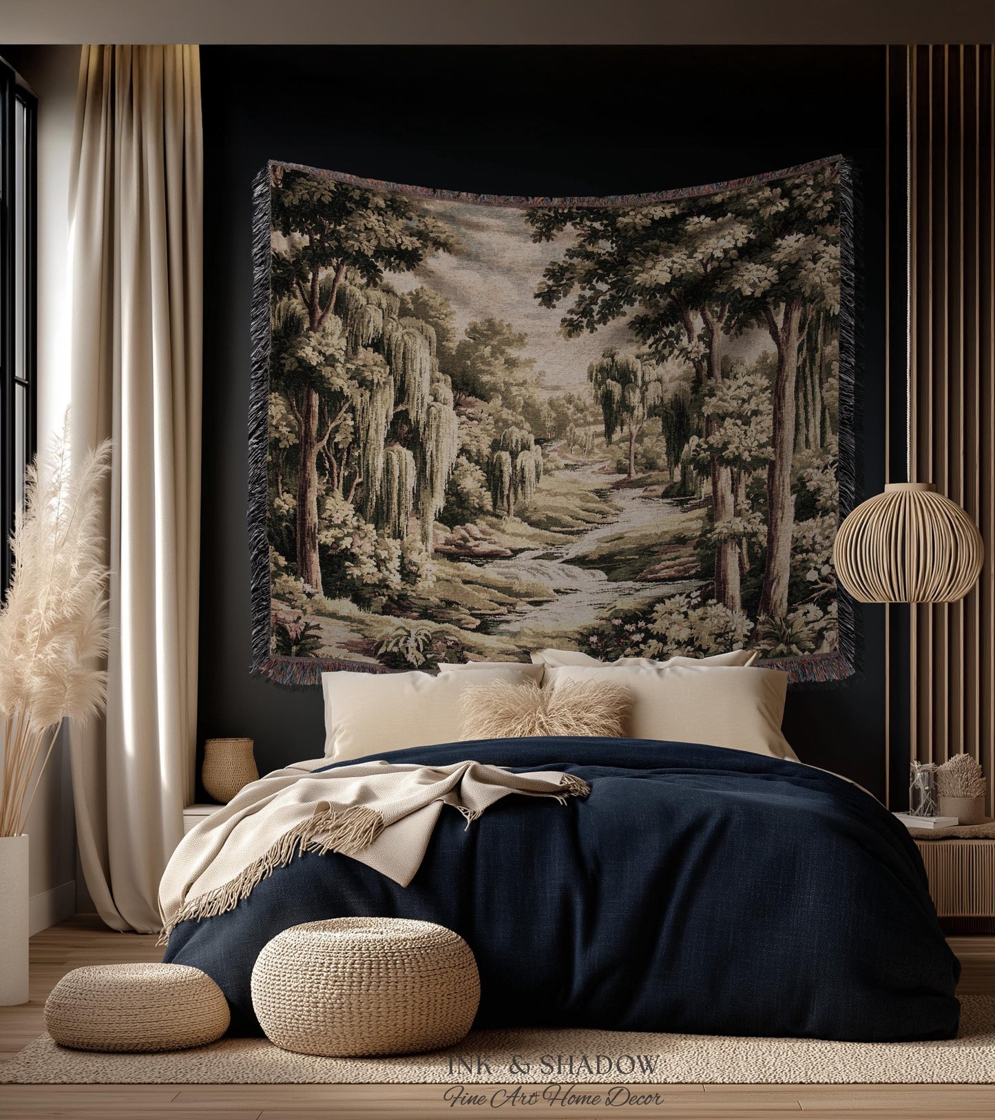 French Landscape River Scene Willow Tree Enchanted Forest Verdure Tapestry, Pastoral Wall Decor Aubusson Style Woven Throw Tranquil Home Art