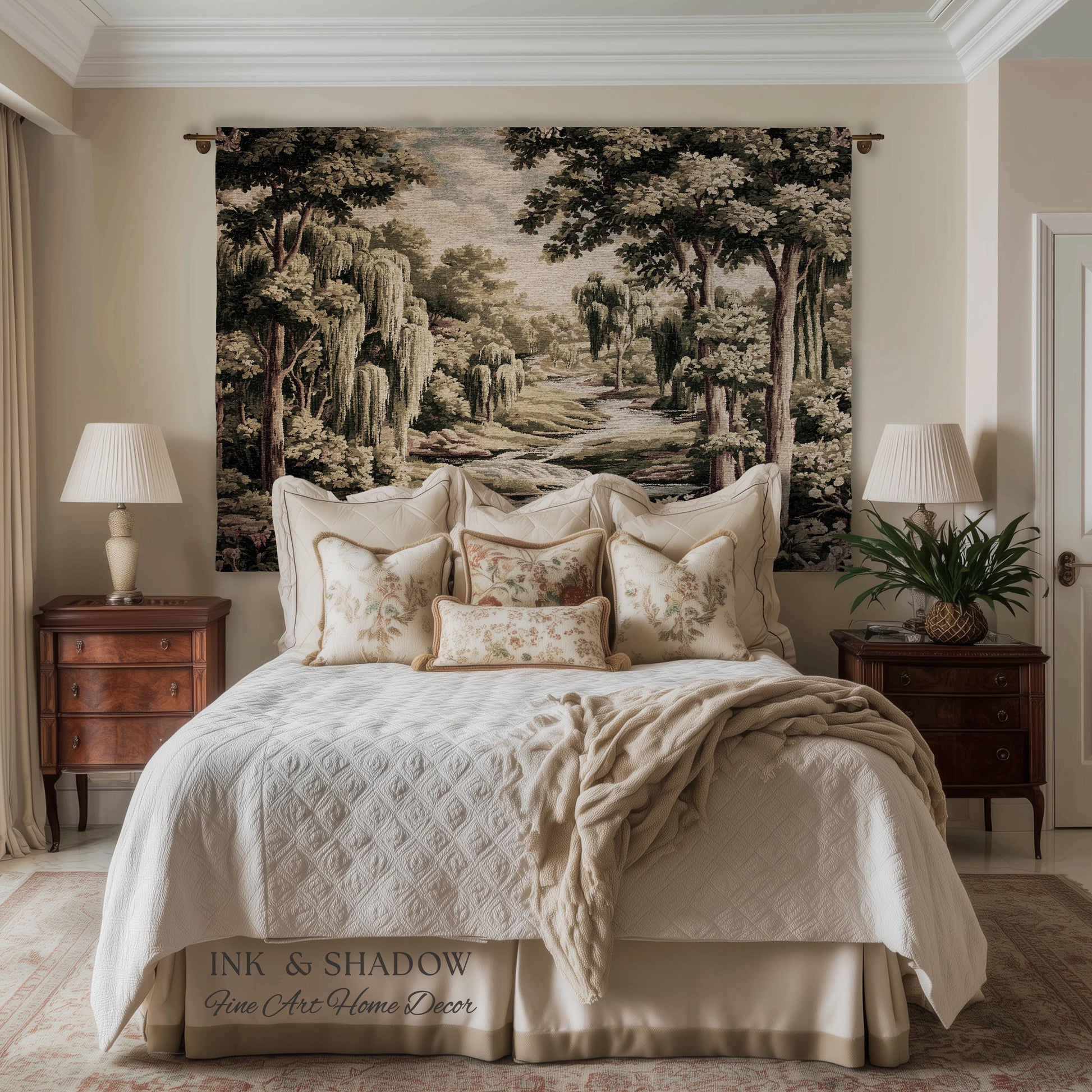 French Landscape River Scene Willow Tree Enchanted Forest Verdure Tapestry, Pastoral Wall Decor Aubusson Style Woven Throw Tranquil Home Art