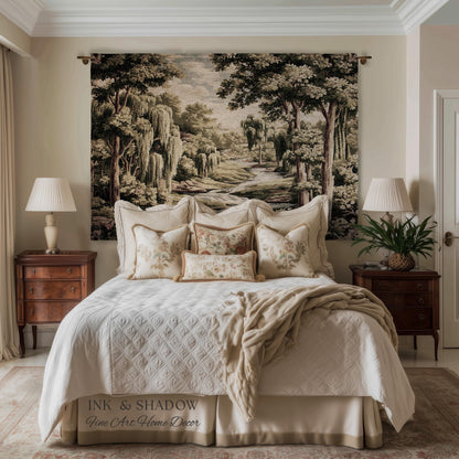 French Landscape River Scene Willow Tree Enchanted Forest Verdure Tapestry, Pastoral Wall Decor Aubusson Style Woven Throw Tranquil Home Art
