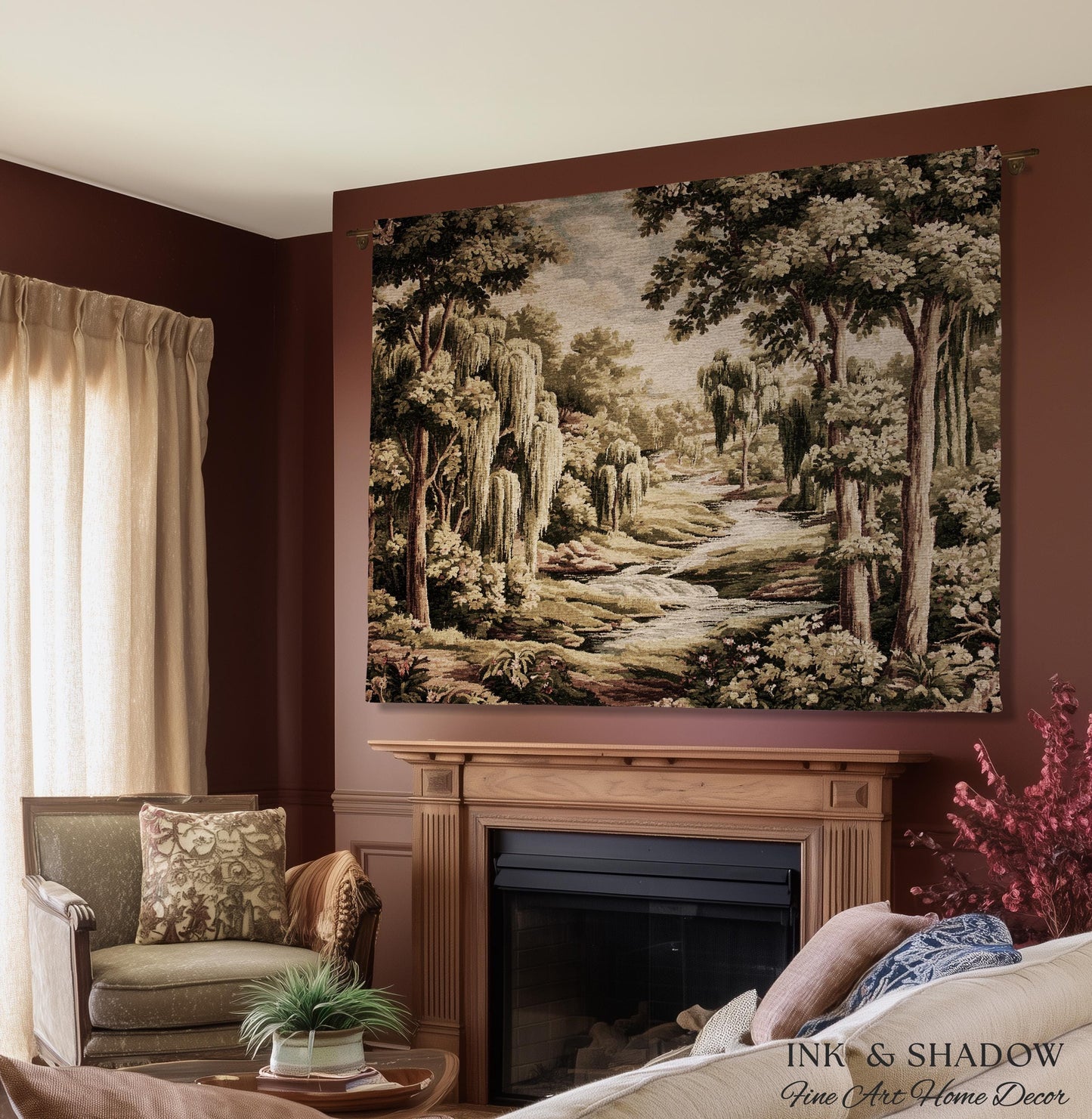 French Landscape River Scene Willow Tree Enchanted Forest Verdure Tapestry, Pastoral Wall Decor Aubusson Style Woven Throw Tranquil Home Art