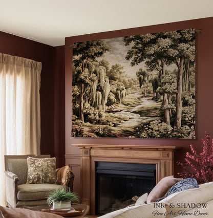 French Landscape River Scene Willow Tree Enchanted Forest Verdure Tapestry, Pastoral Wall Decor Aubusson Style Woven Throw Tranquil Home Art
