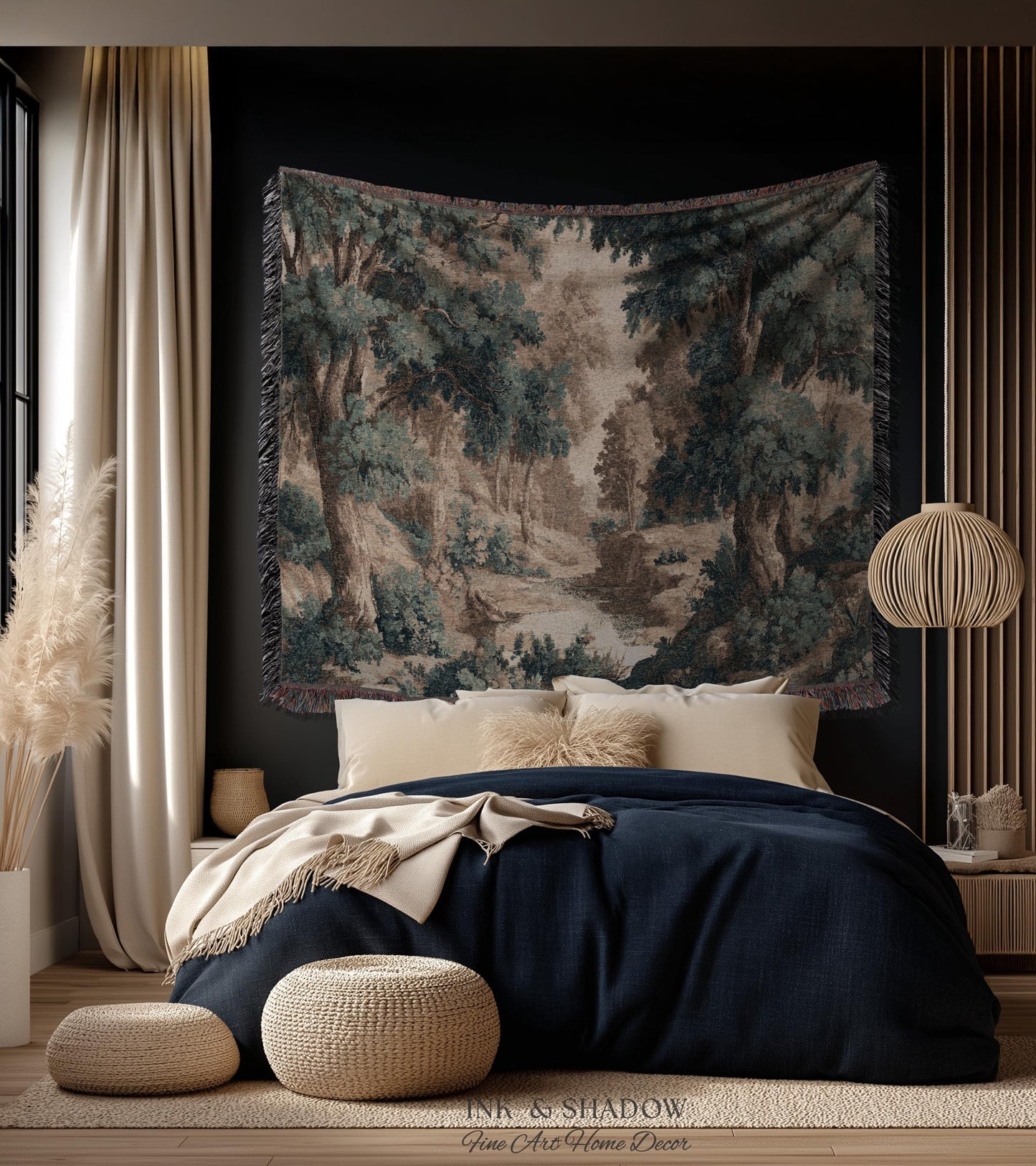 Rustic Landscape Forest River Art Woven Tapestry Throw | European Vintage Verdure Woodland Wall Decor French Jacquard Peaceful Nature Scene