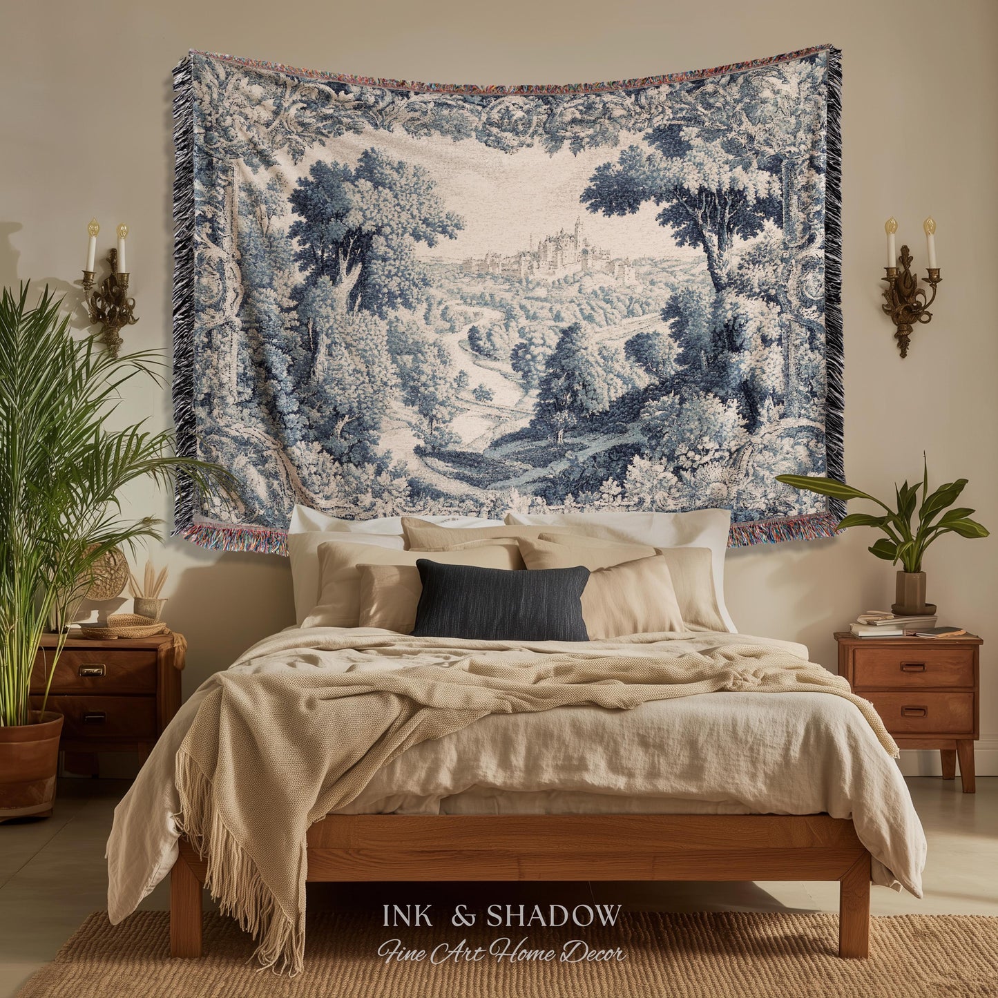 Toile Landscape Pastoral Wall Art | Countryside Wall Hanging French Blue and Cream Traditional Tapestry Romantic Chateau Blanket Monochrome